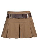 HEYounGIRL Casual Brown Pleated Mini Skirt Ladies High Waisted Short Skirts Womens with Belt Korean Fashion 90s Summer Street