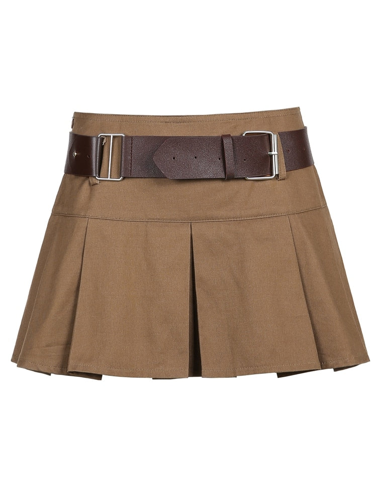 HEYounGIRL Casual Brown Pleated Mini Skirt Ladies High Waisted Short Skirts Womens with Belt Korean Fashion 90s Summer Street