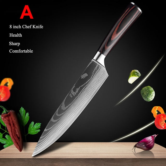 Japanese Kitchen Knife Set Laser Damascus Pattern Stainless Steel  Sharp Cleaver Slicing Utility Knives Kitchen Tools