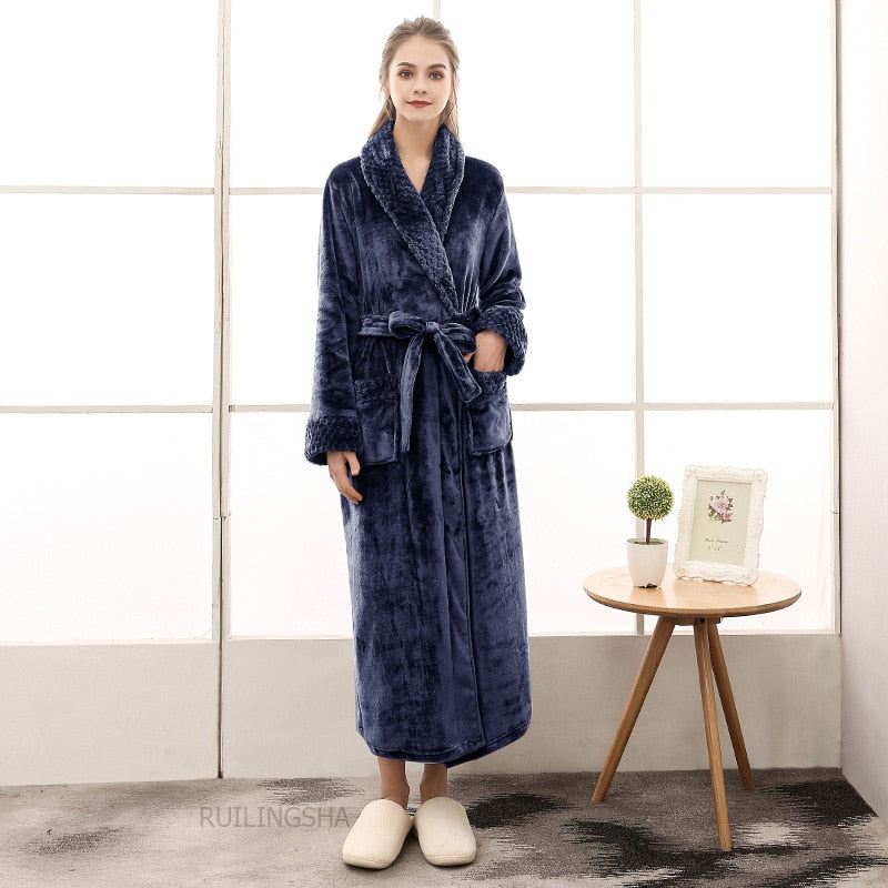 Men Long Thick Warm Flannel Bath Robe Plus Size Women Robes Coral Fleece Bathrobe for Winter Dressing Gown Male Kimono Sleepwear