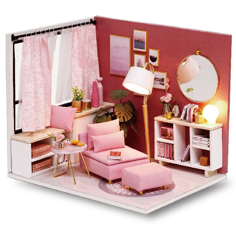 Cutebee DIYHouse miniatura con muebles LED música polvo cubierta modelo Juguetes De bloques De construcción para niños Casa De Boneca