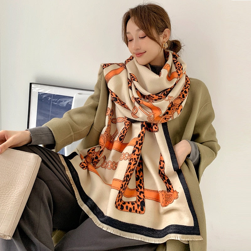 2022 Winter Scarf Lady Leopard Cashmere Scarves Female Warm Thick Pashmina Fashion Women Double-Sided Blanket Bandana New