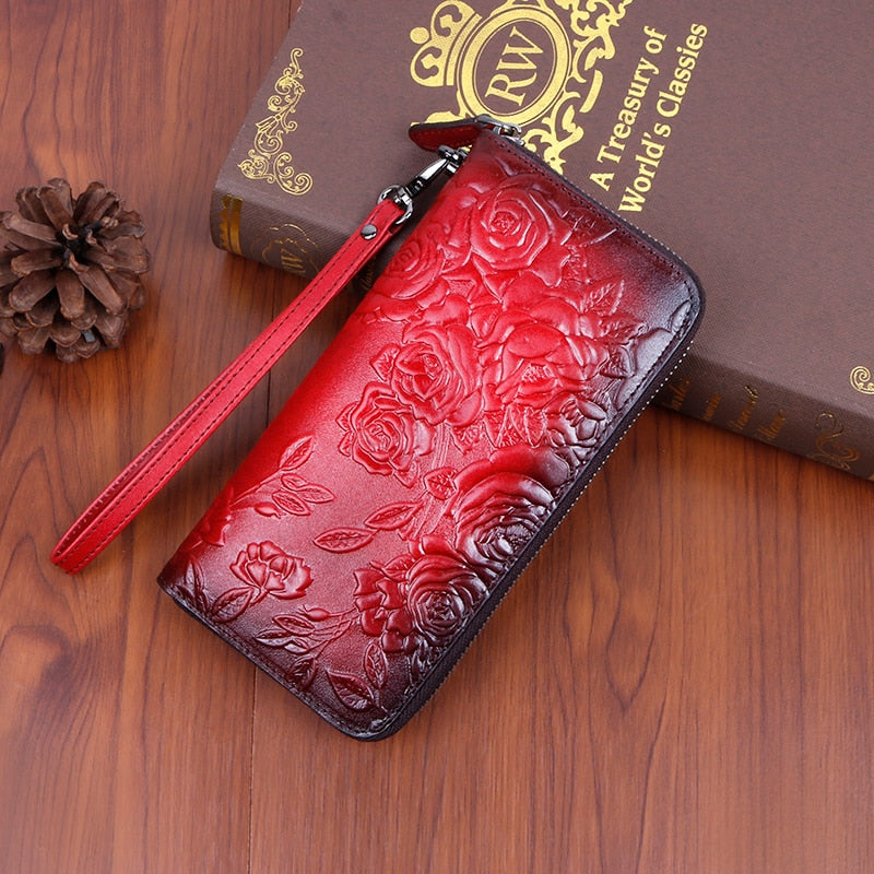 Genuine Leather Women Wallet Long Clutch Handy Bag Printing Rose flower Female Lady Card Retro Money Clips Purse