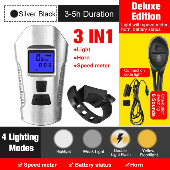 Bicycle Light USB Rechargeable Bike Odometer Front Light Flashlight with Computer LCD Speedometer Cycling Head Lantern Horn