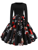 Winter WeihnachtsKleider Damen 50er 60er Vintage Kleid Swing Pinup Elegant Partykleid Langarm Freizeit Print Schwarz