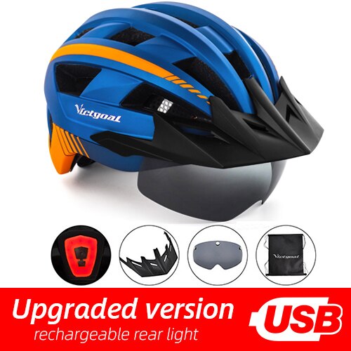 Victgoal Bicycle Helmet LED Moutain Road USB Rechargeable Light Cycling Helmet For Man Sun Visor Goggles Men MTB Bike Headgear