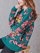 Women New Vintage Warm Thicken Sweaters UFO Clouds Jacquard Pullovers Winter Autumn Knitted Retro Loose Tops Blusas C-012