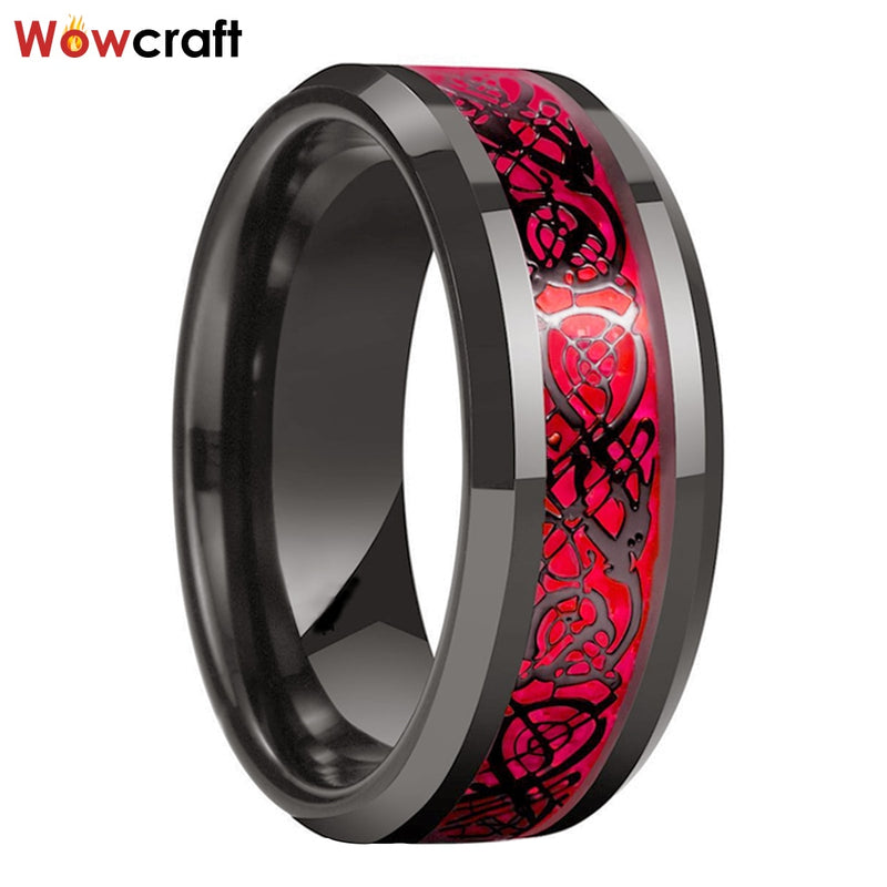 8mm Tungsten Wedding Band Rings for Men Women Gunmetal&amp;Black Plated Opal Dragon Inlay Beveled Edges Comfort Fit