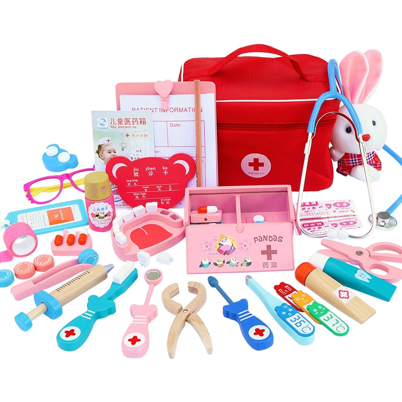 Doctor Toys for Children Set Kids Wooden Pretend Play Kit Games for Girls Boys Red Medical Dentist Medicine Box Cloth Bags