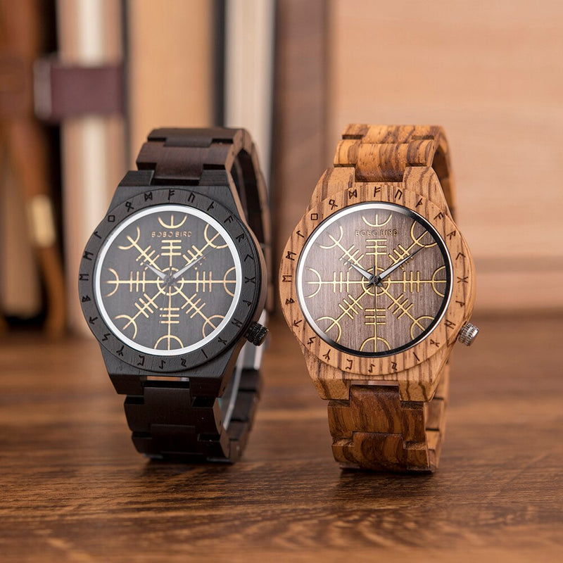 Reloj de madera BOBOBIRD con Helm of Awe Aegishjalmr o Vegvisir y brújula rúnica reloj personalizado часы мужские