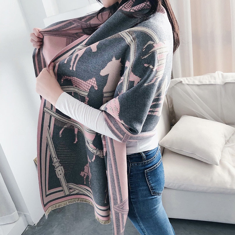 Luxus Winter Kaschmir Schal Frauen 2022 Design Warme Pashmina Decke Pferd Schals Weibliche Schal Wraps Dicken Foulard Bufanda