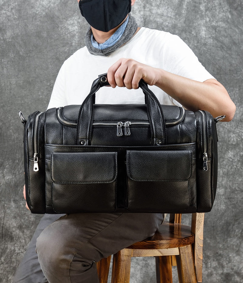 Bolso de viaje de cuero genuino para hombre a la moda, bolso de lona de piel de vaca suave de lujo, bolso de hombro para ordenador portátil de 17 ", bolsos de mano para viajar