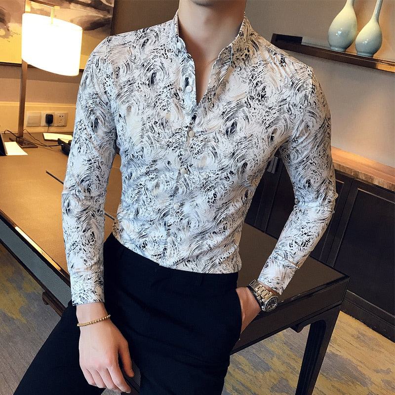 Metallic Gold Shirt Men 2017 Autumn Printed Gold White Shirt Slim Fit Men Dress Shirt Party Wedding Club Shirt Camisa Masculina