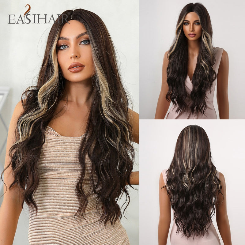 EASIHAIR Long Wavy Dark Brown Black Synthetic Wigs Natural Middle Part Hair Wigs for Women Daily Cosplay Party Heat Resistant