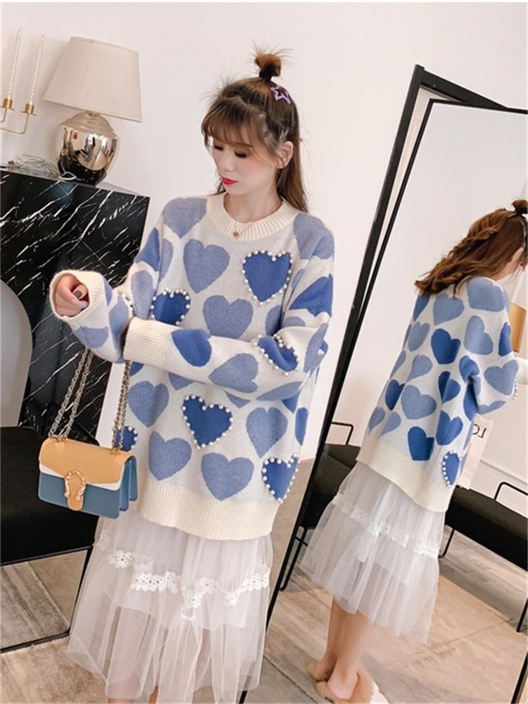 H.SA Damen-Strickpullover und -Pullover Oneck Pearls Beading Sweaters Sweet Heart Pull Jumpers Long Sleeve Kawaii Pull Femme