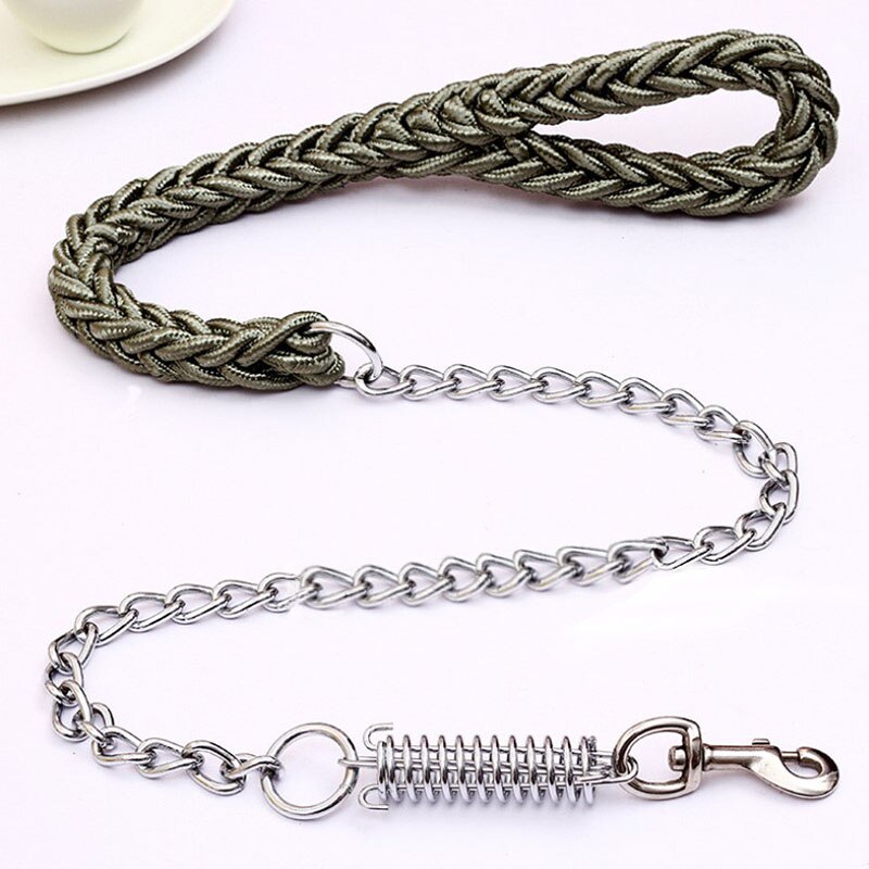 Super Strong Nylon Dog Leashes Army Green Canvas Double Row Adjustable Dog Leash Rope For Medium Large Dogs with Spring buffer