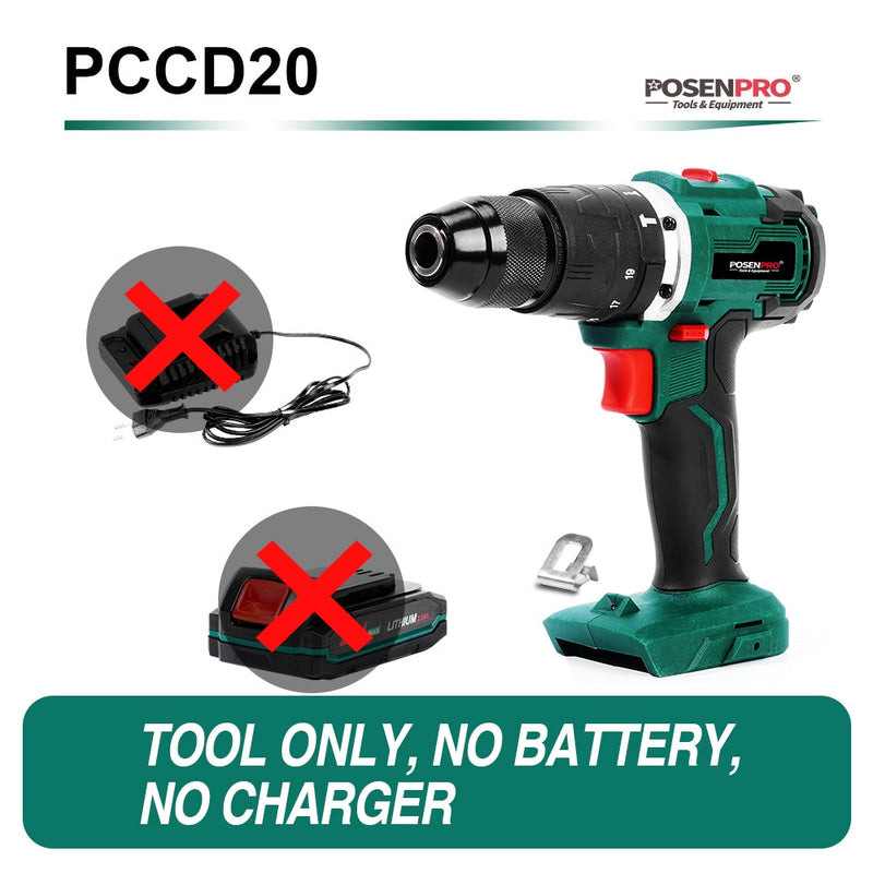 Electric Drill Brushless Cordless Drill 20V 1/2'' All Metal Chuck Cordless Drill Driver Battery 13MM Drill Keyless POSENPRO