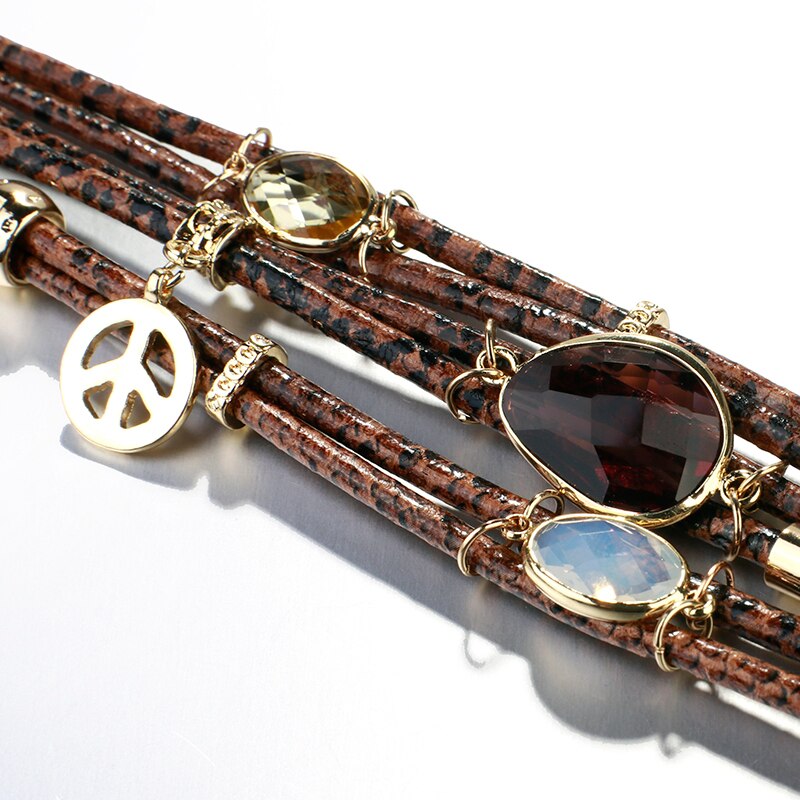 ALLYES Mulltilayer Snake Genuine Leather Bracelets for Women Peace Charm Animals Pattern Crystal Wrap Bracelet Female Jewelry