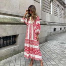 Women Lantern Sleeve Long Dresses Summer New V Neck Floral Print Loose Beach Sundress Female Bohemia Holiday Lace-up Maxi Dress