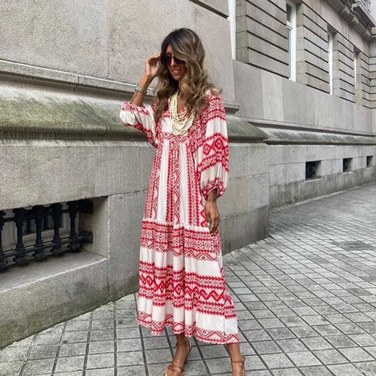 Women Lantern Sleeve Long Dresses Summer New V Neck Floral Print Loose Beach Sundress Female Bohemia Holiday Lace-up Maxi Dress