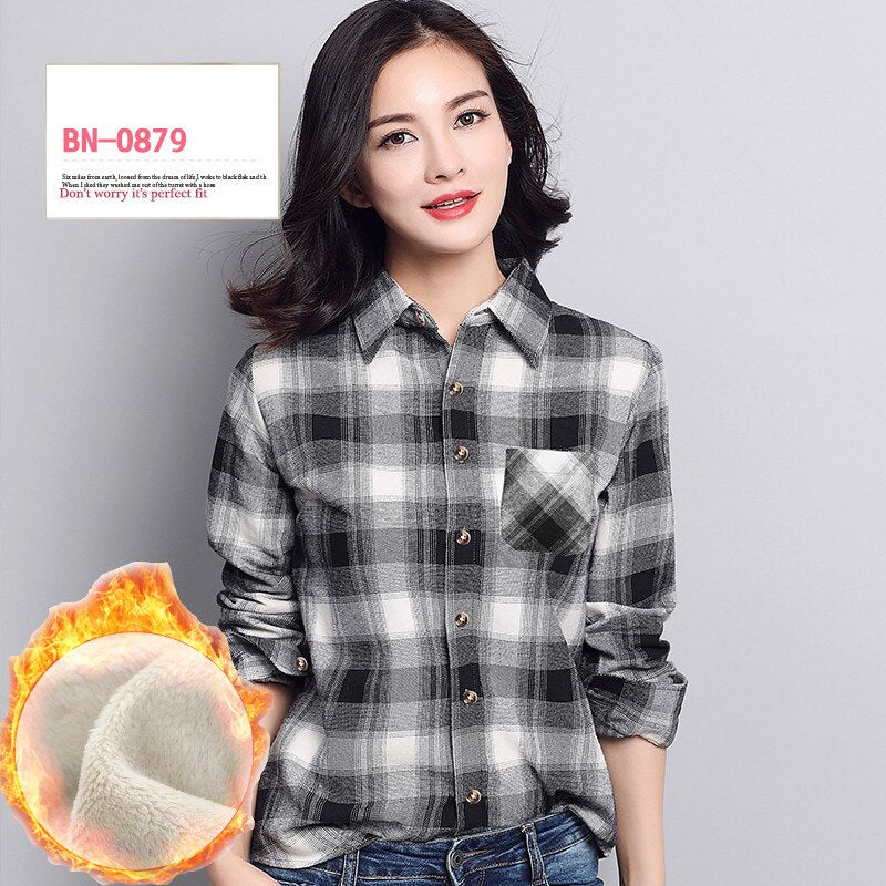 S-4XL Women Cotton Shirt Spring Autumn Winter 2022 New Casual Long-sleeve Brushed Plaid Stripe Shirts Girl's Tops Blouse Female