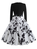 Winter WeihnachtsKleider Damen 50er 60er Vintage Kleid Swing Pinup Elegant Partykleid Langarm Freizeit Print Schwarz