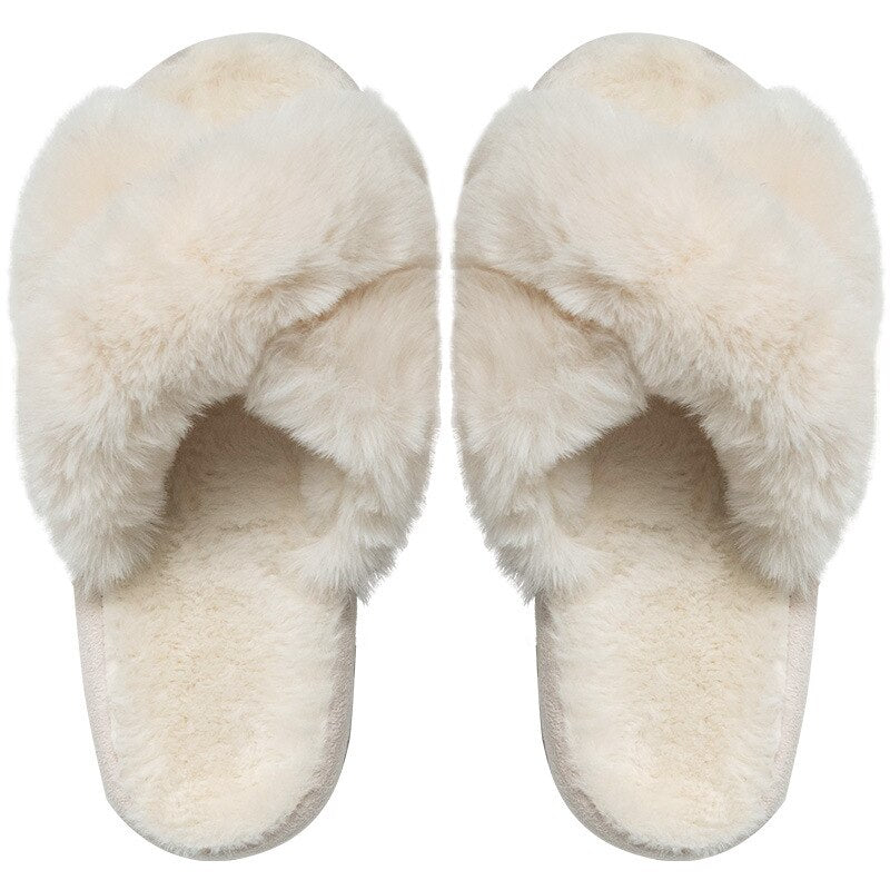 2022 Winter New Women Slipper Soft Rabbit Fur Cross Upper 3cm Heel Platform Fur Warm Indoor Ladies Open Toe Fluffy Home Slippers