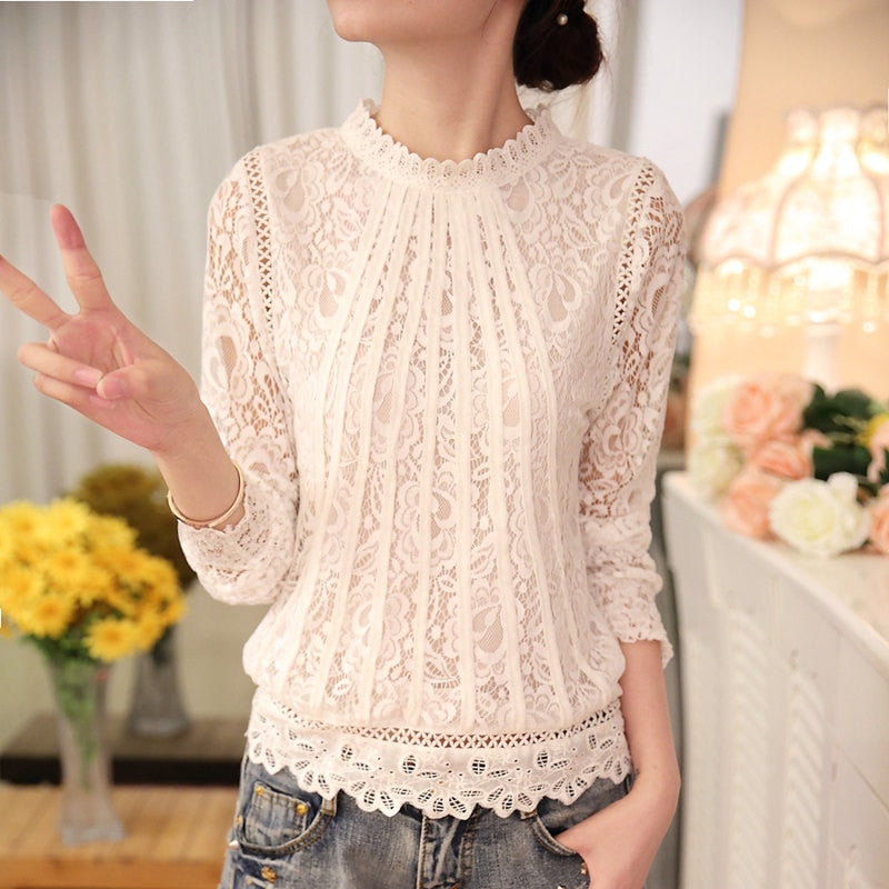 2022 Fashion Summer White Lace Women&#39;s Clothing Long Sleeve Chiffon Women Shirts Blouses Blusas Black Women&#39;s Tops Blouse 51C