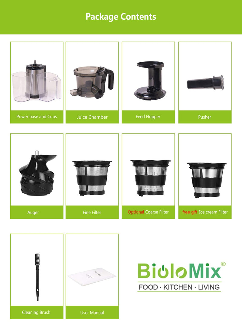 BioloMix 200W 40RPM Edelstahl Zerkleinern Langsamschnecke Entsafter Obst- und Gemüsesaft-Extraktor Kompakter kaltgepresster Saft