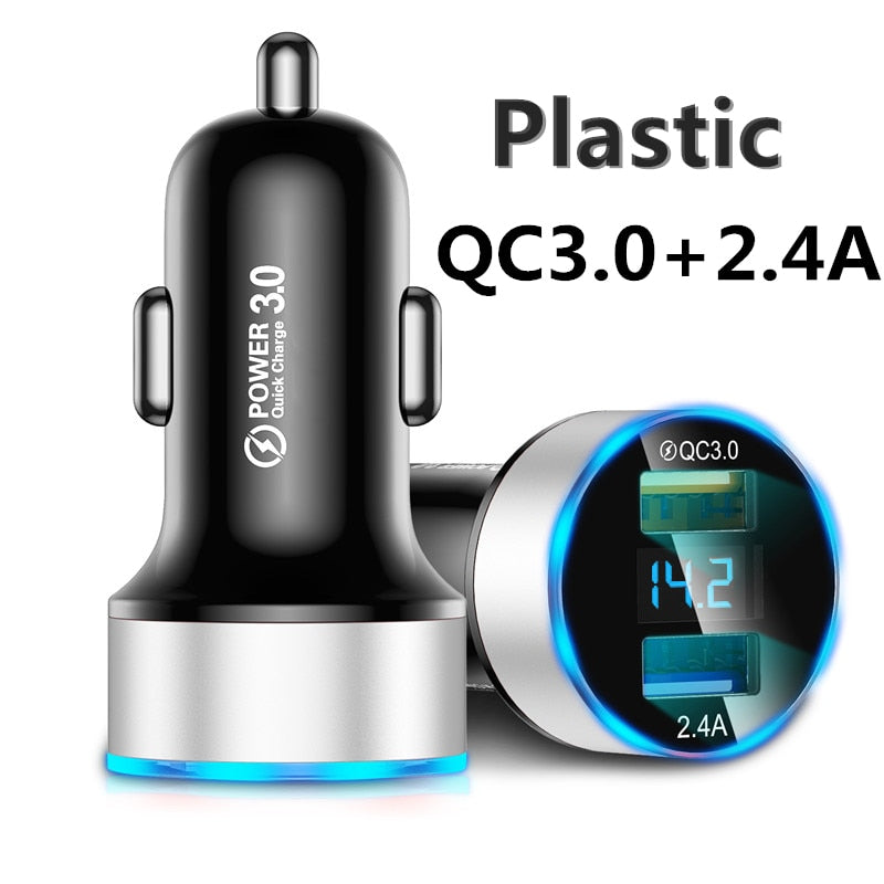 Metal QC 3.0 Digital LED Display Dual USB Car Charger for Mobile Phone Fast Charger Usb Charger for iPhone Samsung Xiaomi Huawei
