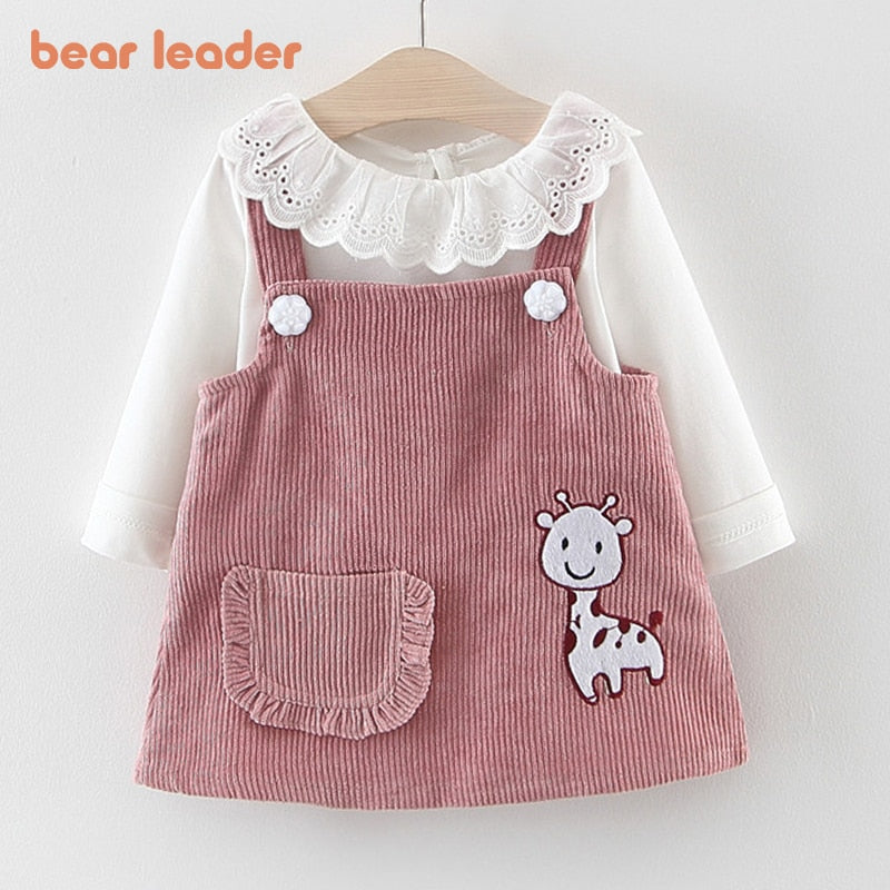 Bear Leader Baby Girl Dress Set T-shirt Tops Cartoon Giraffe Dress Baby Girl Princess Clothes Girls Long Sleeve  2pcs Suit