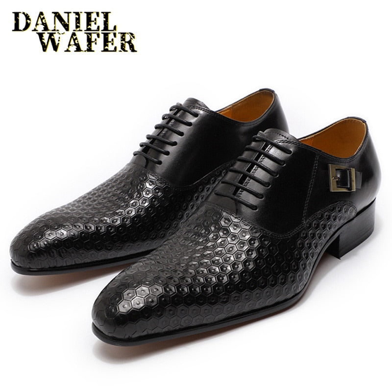 Zapatos de hombre Daniel Wafer de lujo de cuero genuino con estampados geométricos para oficina, boda, hombre, zapatos Oxford formales con cordones negros y punta estrecha