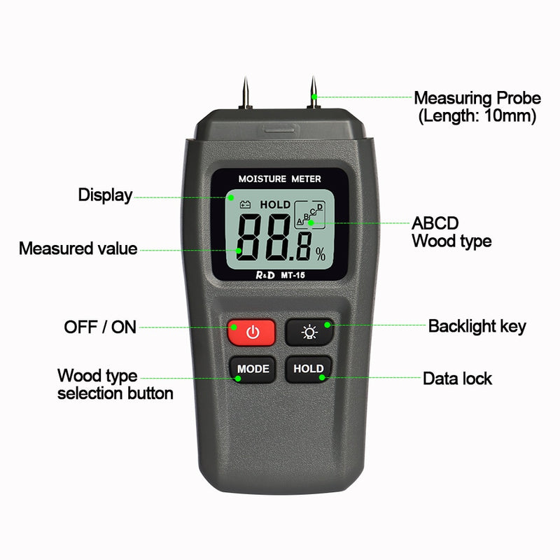 R&amp;D MT-10 EMT01 Wood Moisture Meter Wood Humidity Tester Hygrometer Timber Damp Detector Tree Density Digital tester Grey