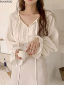 Cute Fairy Chic Tops Korea Japan Style 2022 Autumn Flare Sleeve Casual Beige Color Women Lace-Up Bow Tie Top and Blouses