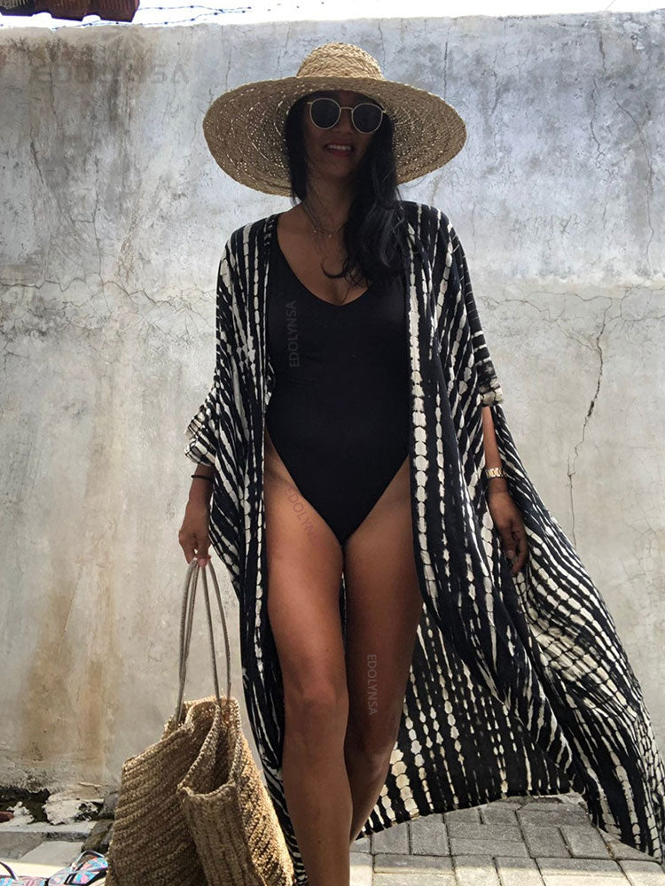 2022 Bikini Cover-ups Negro Retro Rayas Con cinturón propio Ropa de verano para mujer Vestido de kimono Ropa de playa Traje de baño Cubrirse Q1225