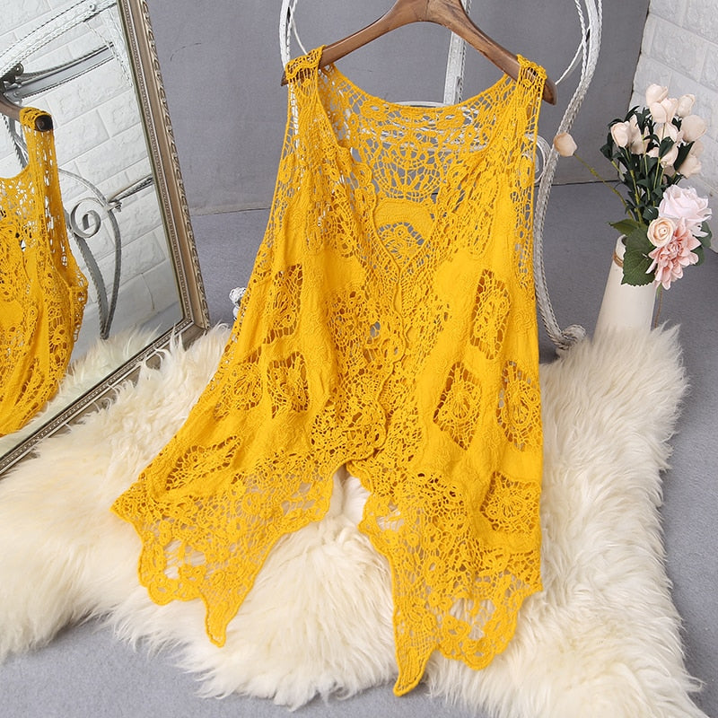 Hippie Froral Patch Design Vest Retro Vintage Crochet Summer Beach Cover Up Top Asymmetric Open Stitch Kimono Cardigain 2022