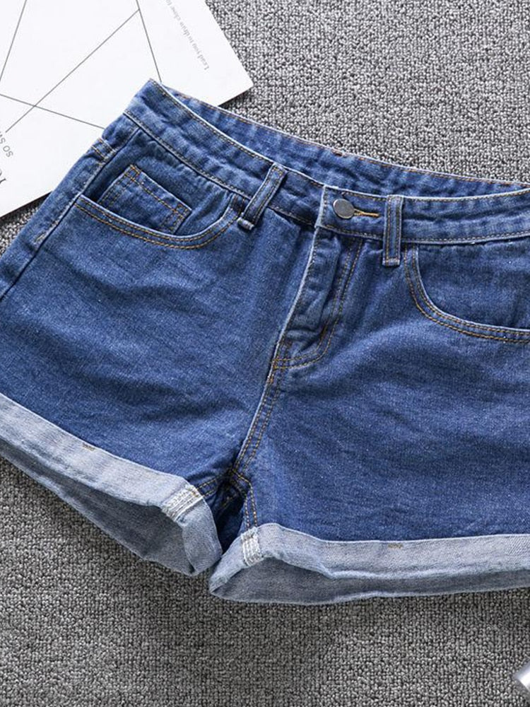Ailegogo Neue Sommer Frauen Weites Bein Klassische Hohe Taille Schwarz Denim Shorts Lässige Weibliche Einfarbig Weiß Blau Lose Jeans Shorts