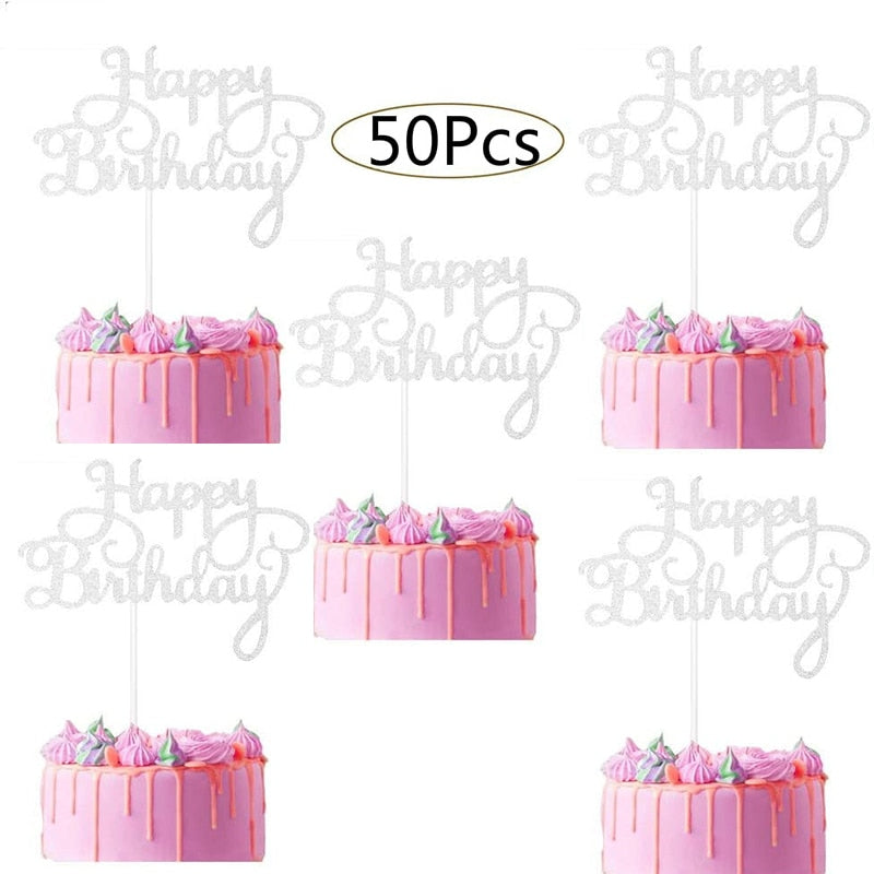 50Pcs Happy Birthday Cake Toppers Glitter Cardstock Baby Shower Kids Party Favors Decorations Cake Decoration Supplies