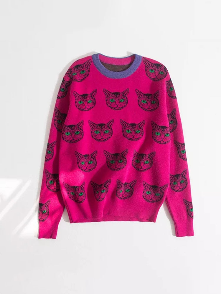 High Quality Runway Designer Cat Print Knitted Sweaters Pullovers Women Autumn Winter Long Sleeve Harajuku Sweet Jumper C-192