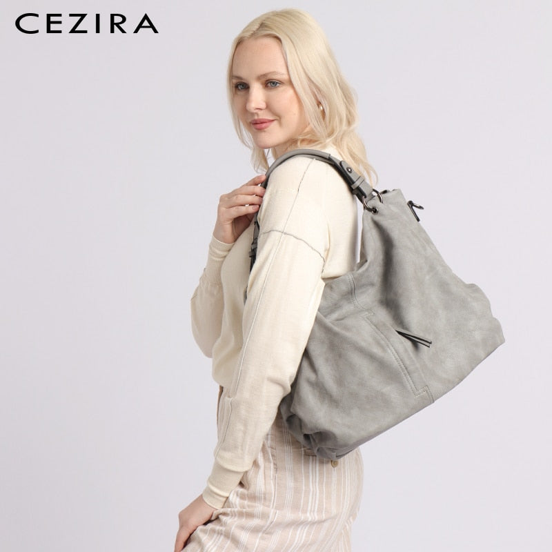 Marca CEZIRA, bolsos grandes de cuero para mujer, bolsos de hombro Hobos de Pu para mujer de alta calidad, bolsos de mensajero de bolsillo sólido para mujer