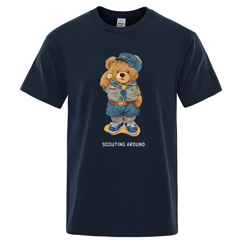 Cute Teddy Bear Salute Scoring Around Prints T Shirt Men Brand Tees Short Sleeve Retro Adult T-Shirt Summer Hip Hop T-Shirt