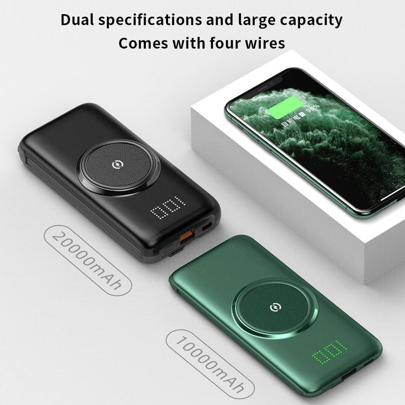 PINZHENG 20000mAh Wireless Charger Power Bank Built-in 4 Cables 10000mAh Powerbank Portable External Battery Charger For iPhone