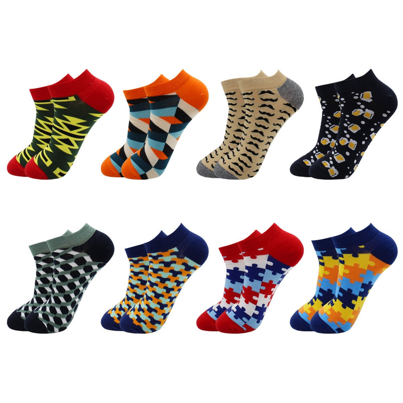 8 Pairs Funny Beer Casual Ankle Socks Fashion Colorful Harajuku Fashion Grid Cotton Women and Men Socks