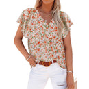 2022 Summer Casual Fashion Vintage Floral Print V-neck Petal Short Sleeve Loose Pullover Shirt Sweet Fresh Blouse Women Clothing