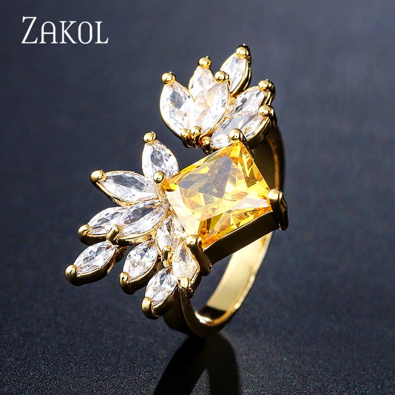 ZAKOL moda amarillo cuadrado AAA Cubic Zirconia anillo ajustable para mujer hoja nupcial vestido de fiesta de boda joyería FSRP2109