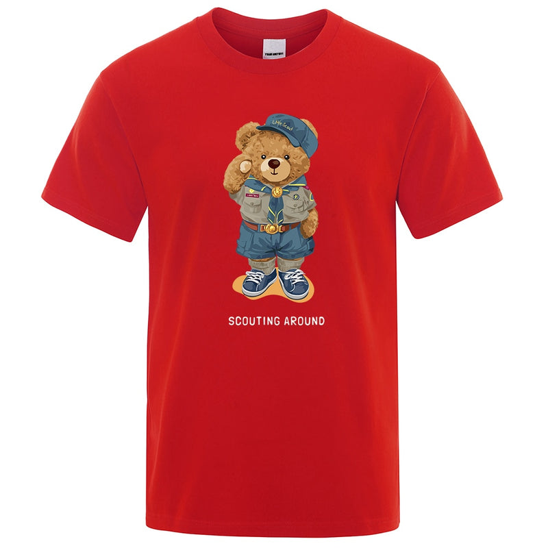 Cute Teddy Bear Salute Scoring Around Prints T Shirt Men Brand Tees Short Sleeve Retro Adult T-Shirt Summer Hip Hop T-Shirt