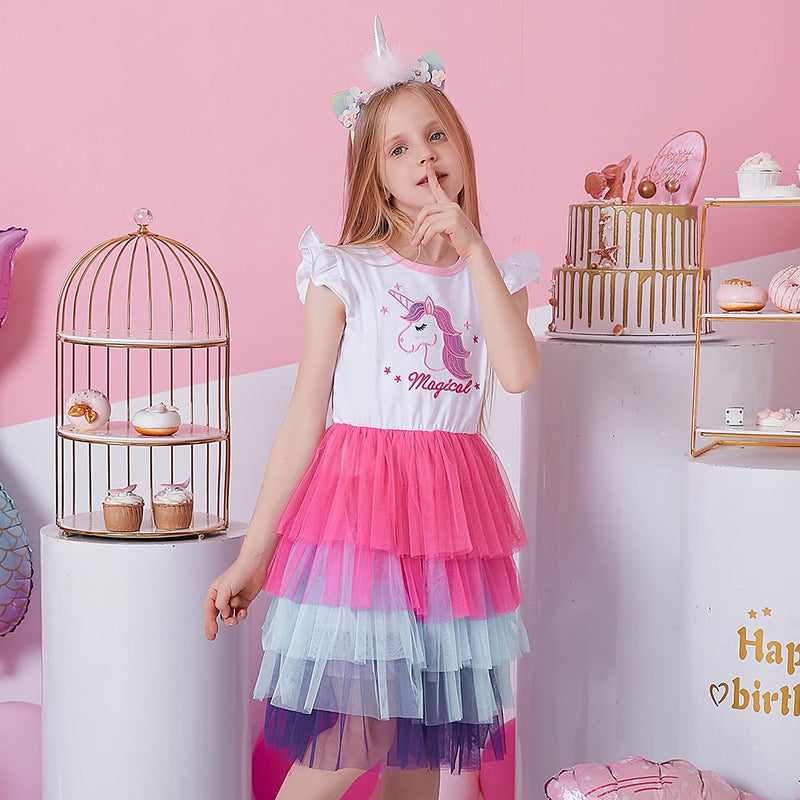 DXTON, ropa para niñas, vestidos de princesa de verano, vestido con estampado de unicornio y mangas acampanadas para niños, vestidos de fiesta para niñas, ropa para niños de 3 a 8 años