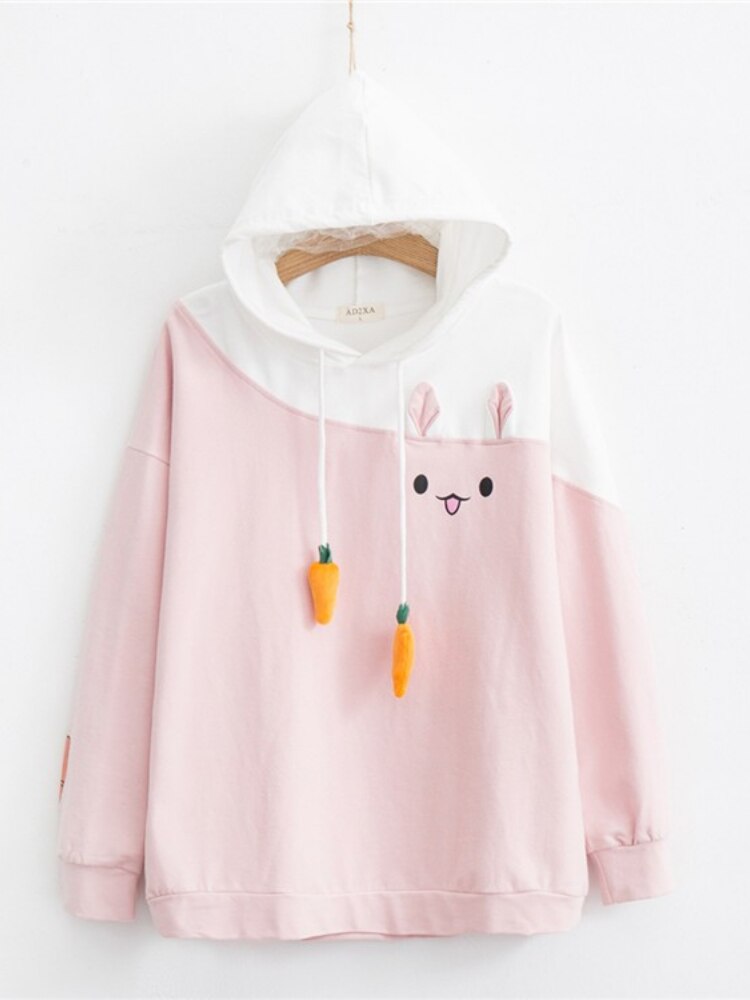 Merry Pretty Women Hoodies Animal Lovely Pullover Kawaii Rabbit Sweatshirt Cute Bunny Graphic Outerwear Pink Black Hoodie Girls