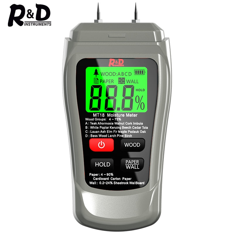 R&amp;D MT-10 EMT01 Wood Moisture Meter Wood Humidity Tester Hygrometer Timber Damp Detector Tree Density Digital tester Grey