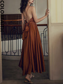 Colorfaith New 2022 Sundress Dress With A Halter Top Strapless Backless Sexy Satin Retro Women Spring Summer Pure Dresses DR2019